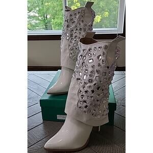 Lauren Lorraine Hana Cowboy Boots Womens White Rhinestone Stiletto Heel